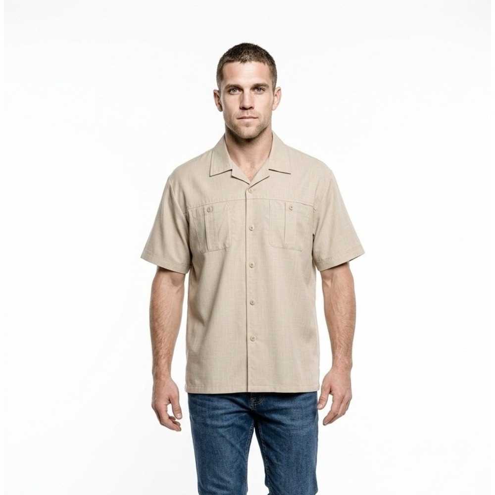 Stacy Adams Men Tan Short Sleeve Button Up Shirt Camp Collar XL Dad Core Relaxed
